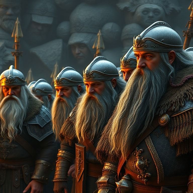 A group of dwarves in a medieval fantasy setting, detailed armor, beards, warm lighting, realistic style, epic fantasy scene