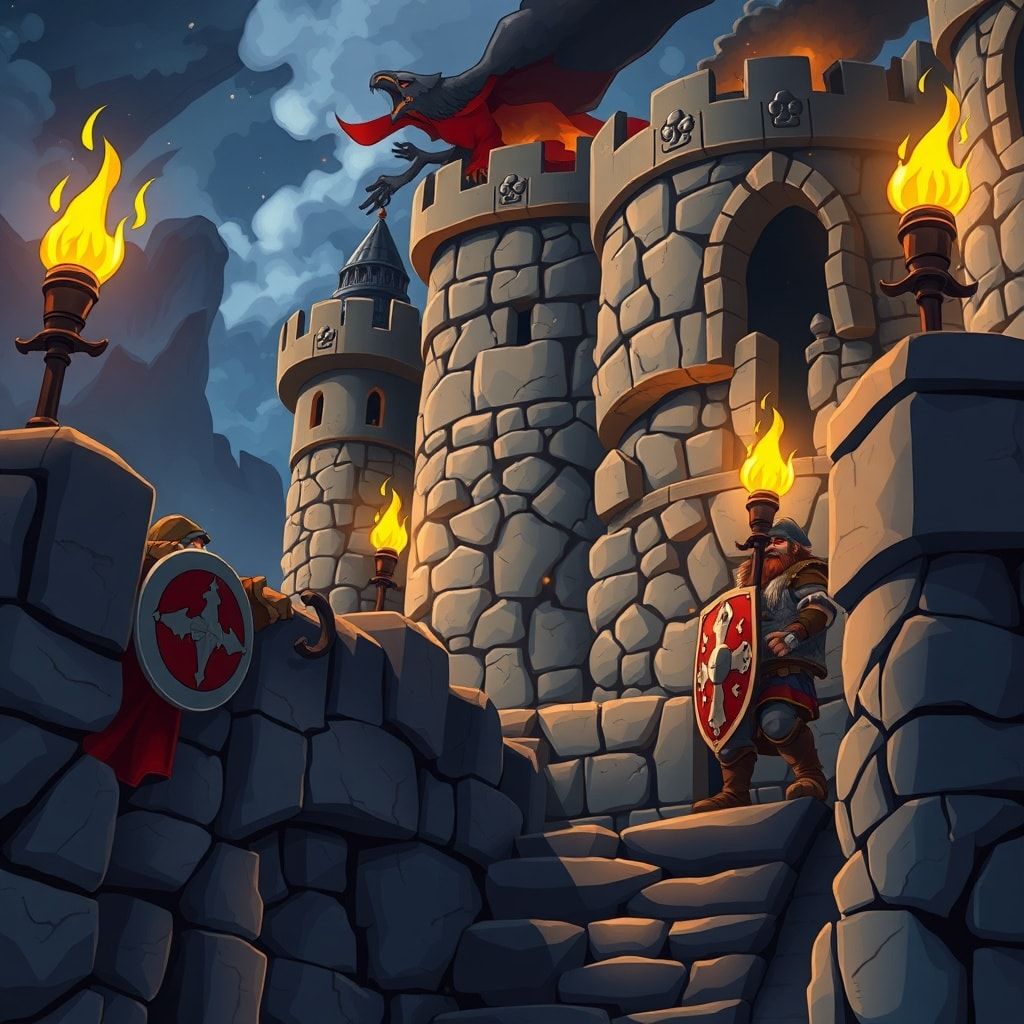 Cartoon style dwarven fantasy video, animated style, anime art style. Dwarven fortress under siege—shields along parapets, gates holding, torchlight on stone, slow dramatic camera along the walls, steadfast defense mood, high quality visual effects, family-friendly fantasy aesthetic