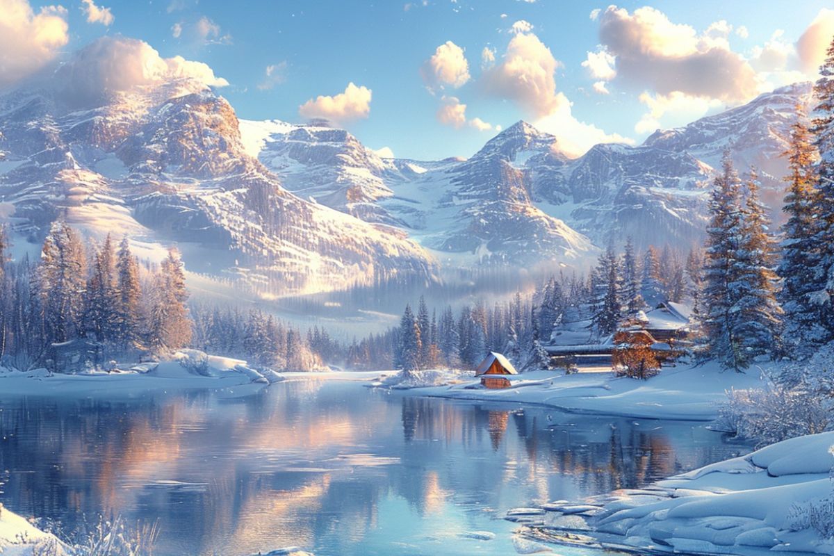A breathtaking winter landscape featuring snow-covered mountains, a frozen lake reflecting the clear blue sky, and a cozy wooden cabin nestled among snow-laden pine trees. The scene is bathed in soft, golden sunlight from a low winter sun, creating a serene and magical atmosphere. Photorealistic style, high resolution, vibrant colors, detailed snow texture, and a sense of tranquility and wonder.