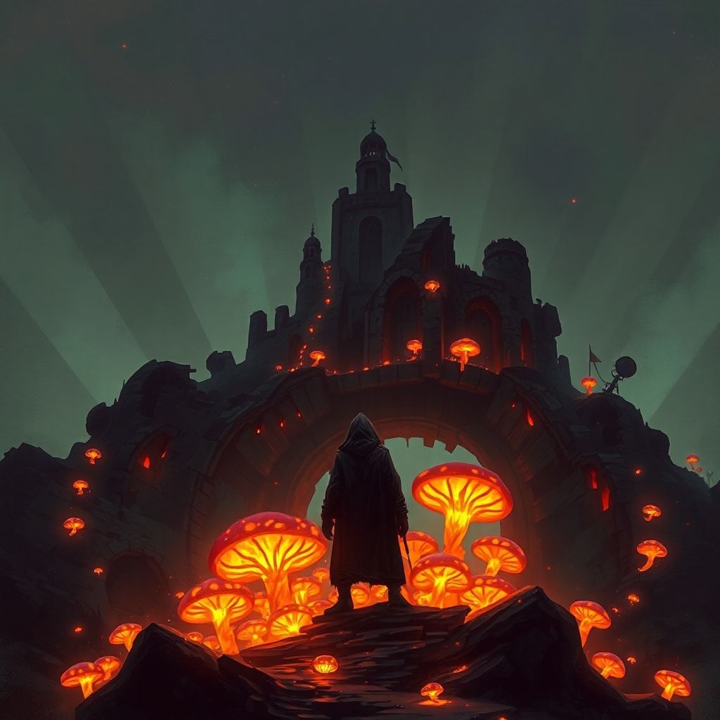 bioluminescent fungi pulse in the ruins below. A lone, hooded figure stands..