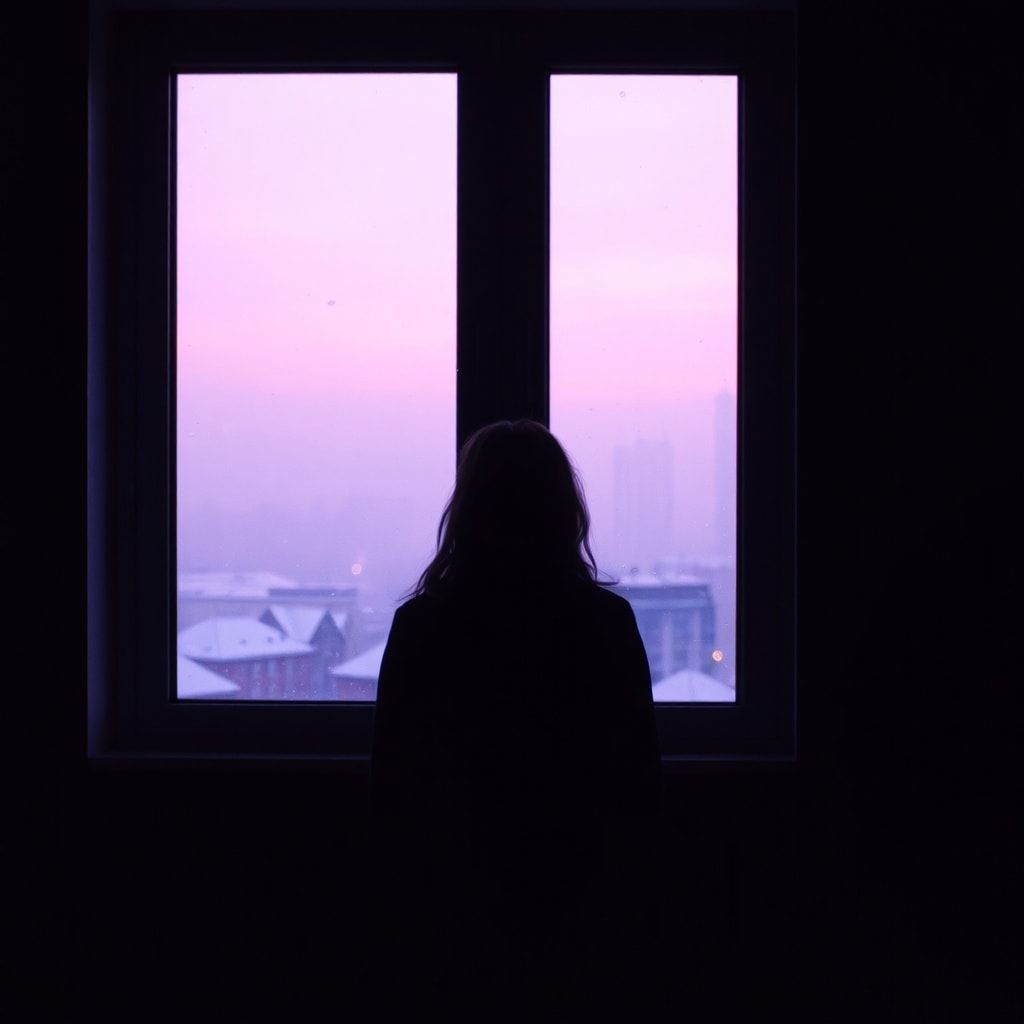 A girl stands inside a quiet room, facing away, looking out through a window. Outside, a foggy February winter unfolds — light snowfall drifts slowly through the air, and the sky glows with soft violet and muted purple tones. The city beyond the glass feels distant and blurred by mist. Cold winter light enters the room gently, casting subtle shadows. The atmosphere is calm, introspective, and emotional, capturing a moment of stillness and inner change. Cinematic composition, soft diffused lighting, shallow depth of field, cool color palette with violet accents, misty winter mood, realistic textures, gentle film grain, intimate and poetic atmosphere, like a scene from a quiet winter film.