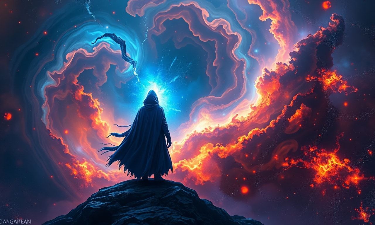 A solitary figure in a deep blue cloak stands at the edge of a swirling nebula, their form illuminated by the ethereal glow of cosmic energy, surrounded by a storm of fractal light and dark matter,...