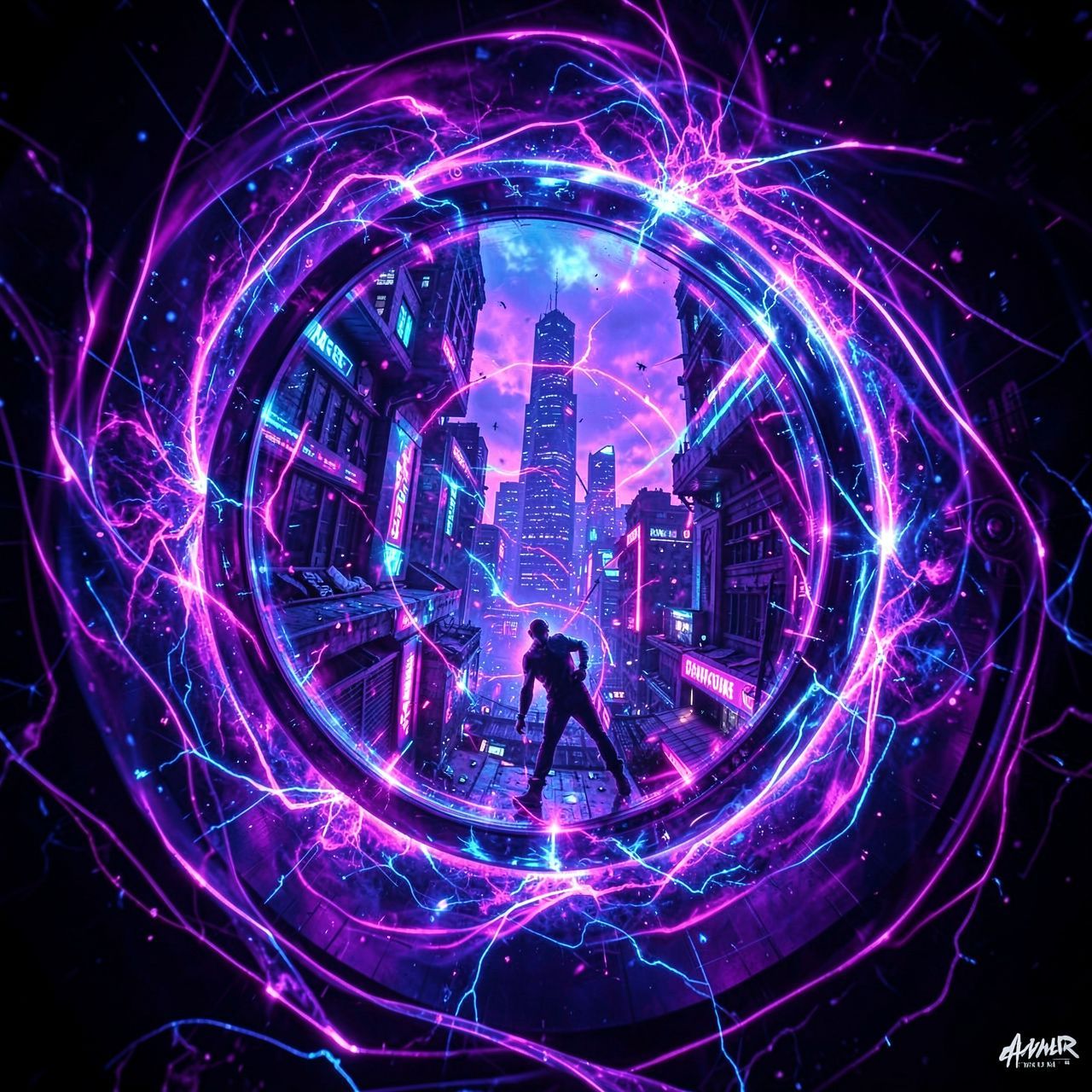 A surreal, bioluminescent mirror dimension portal swirls with fractal energy, revealing a twisted reflection of a cyberpunk cityscape bathed in neon violet and electric blue hues, with a lone figur...