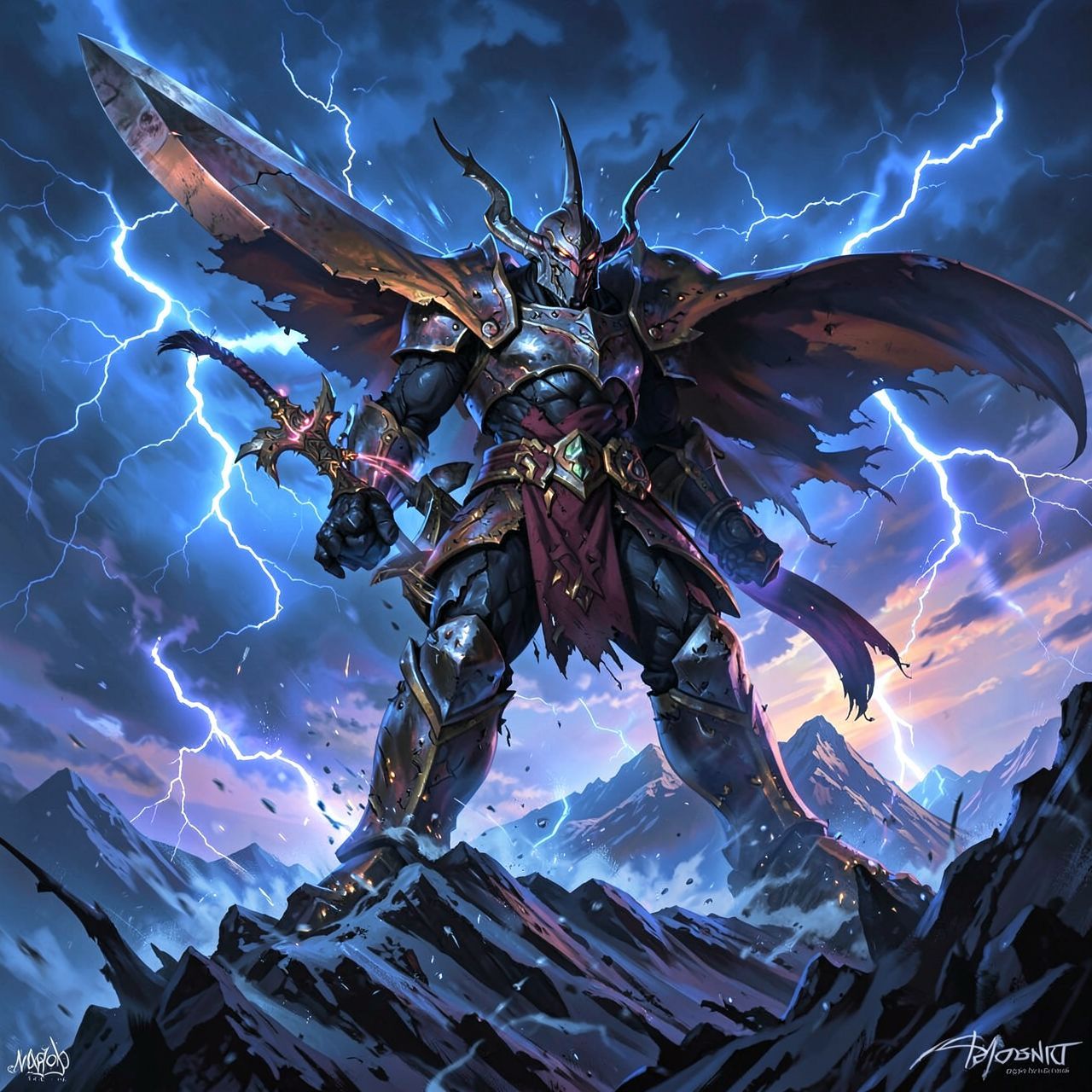 A colossal armored figure stands atop a storm-lashed mountain peak, wielding a massive, weathered blade that hums with arcane energy. The warrior’s tattered cloak billows in the gale as lightning s...