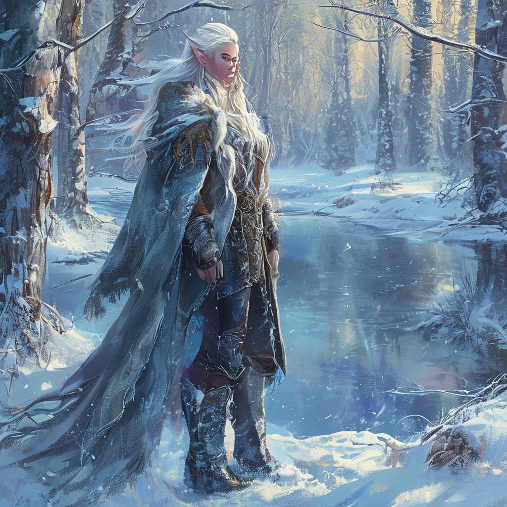 A detailed, high-fantasy illustration of a beautiful winter elf. The elf is female, with long, flowing white and silver hair, wearing a warm, fur-lined winter cloak and boots, standing in a snowy forest with snow-covered trees and a frozen lake in the background. The scene is bathed in cold, wintry light with a soft glow, giving a magical and serene atmosphere. Photorealistic style, intricate details, vibrant colors.
