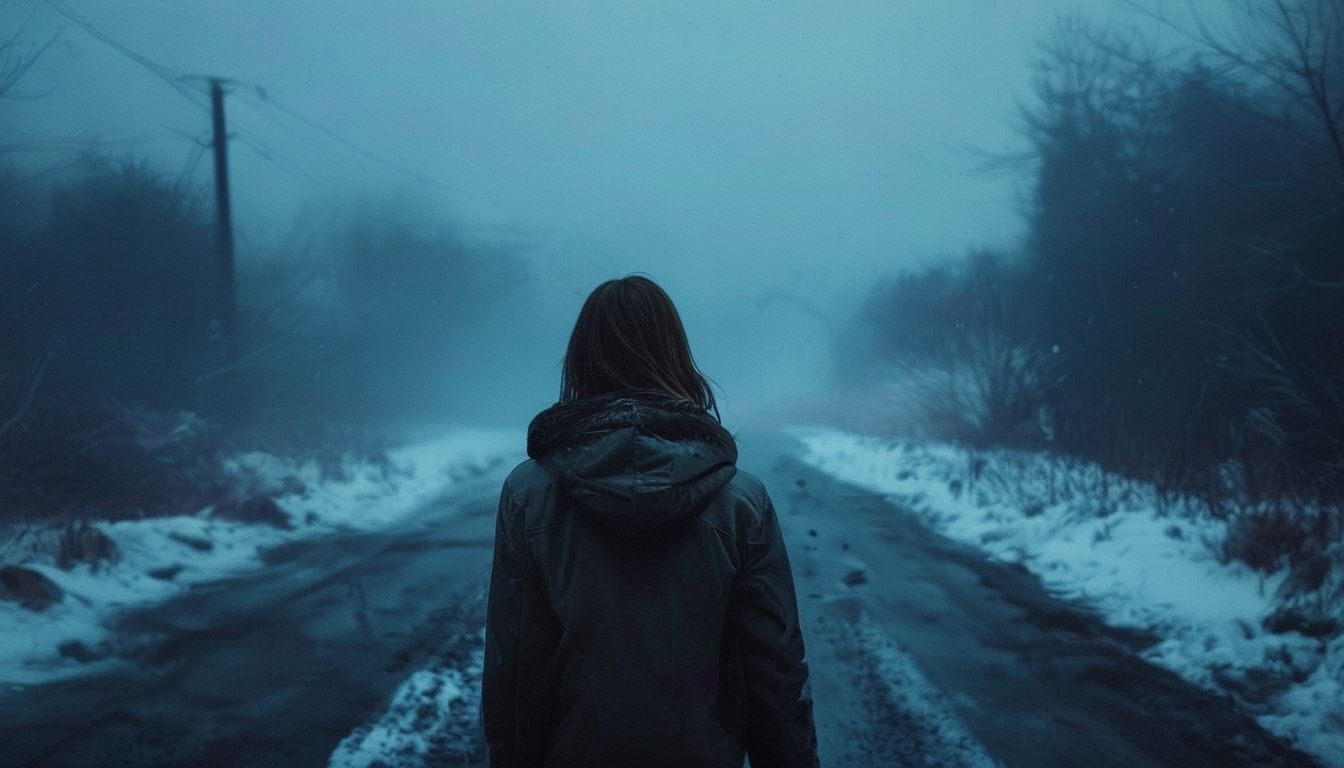 A girl with her back turned stands in a jacket on a winter road, an atmosphere of melancholy, loneliness and blue fog everywhere, as in dark ambient