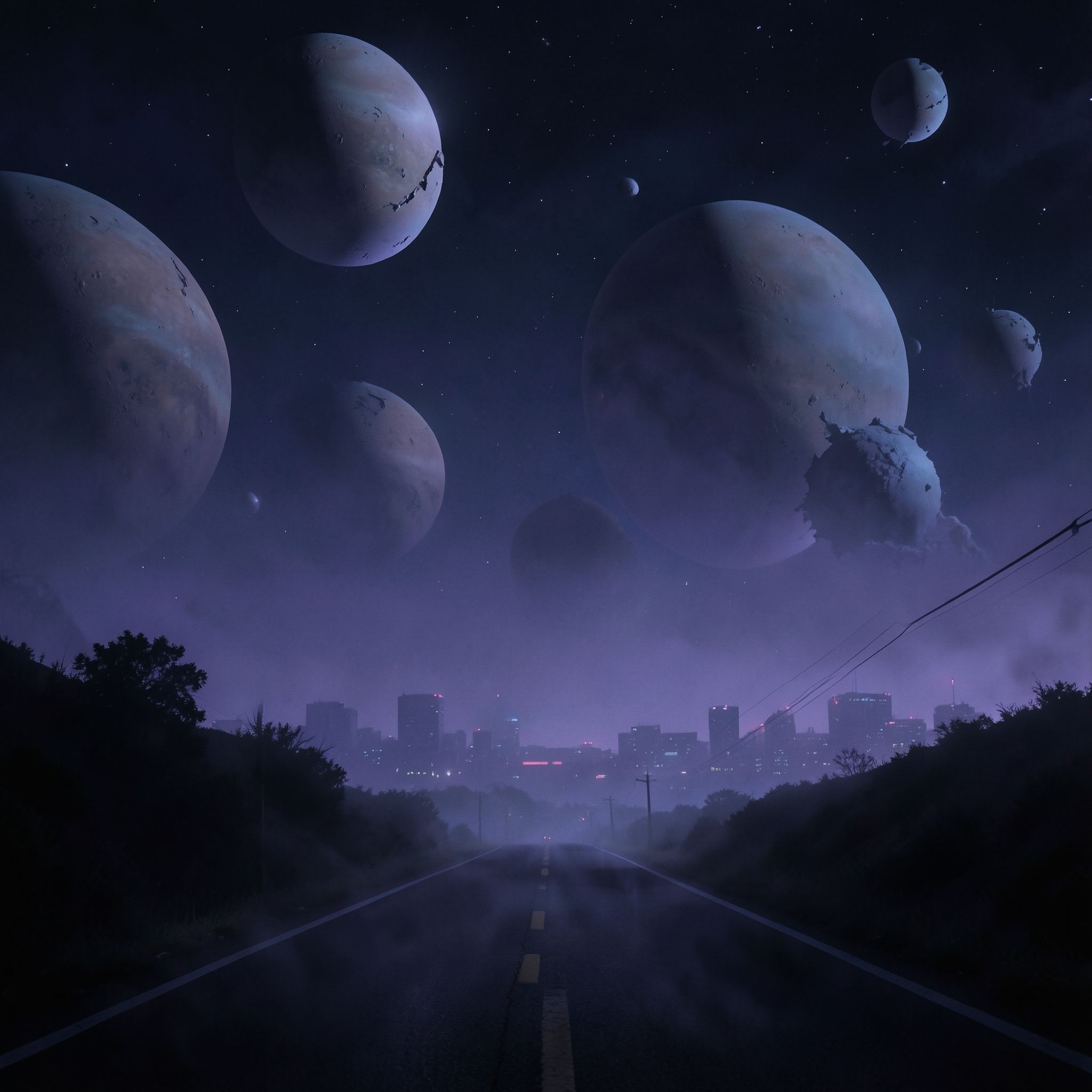 A dark, cinematic synthwave scene where a lonely night road fades into an otherworldly cosmic landscape. The city feels distant and abstract, barely visible through deep violet and blue mist. Above the horizon, massive planets and fractured moons glow softly, suspended in the dark sky like ancient celestial beings.