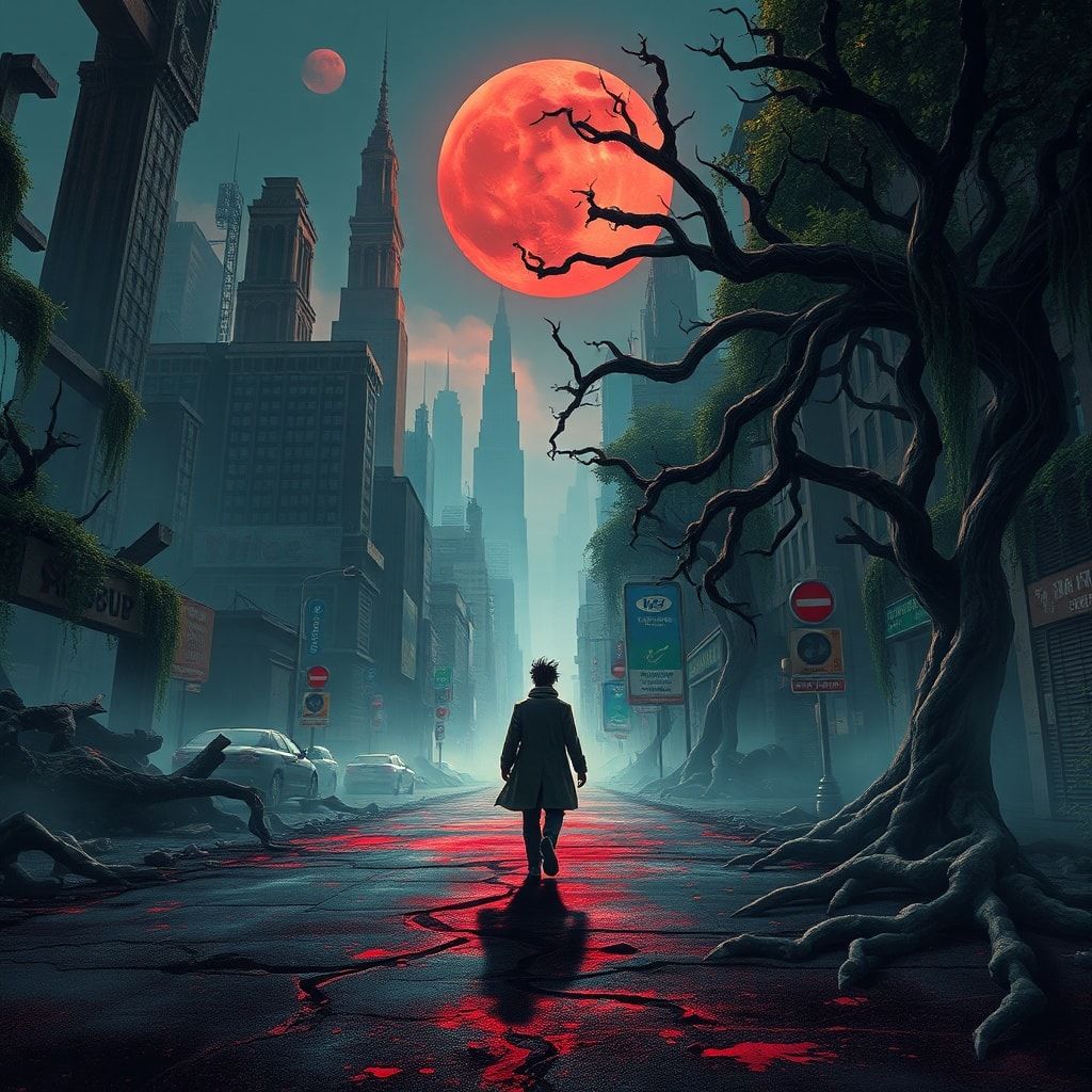 A lone figure in a tattered coat walks through the skeletal remains of a once-great city, now swallowed by towering vines and gnarled trees, their roots cracking asphalt under a blood-red moon. Neo...