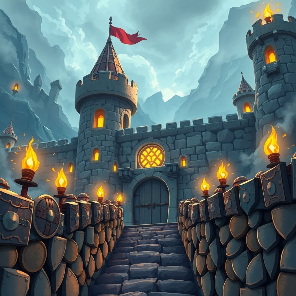 Cartoon style dwarven fantasy video, animated style, anime art style. Dwarven fortress under siege—shields along parapets, gates holding, torchlight on stone, slow dramatic camera along the walls, steadfast defense mood, high quality visual effects, family-friendly fantasy aesthetic