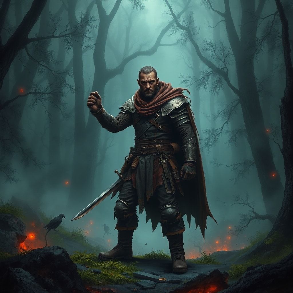 A lone fantasy warrior, clad in weathered leather armor and a tattered cloak, stands amidst a dense, mist-shrouded forest, his sword drawn, ready for battle. The forest is alive with eerie, glowing...