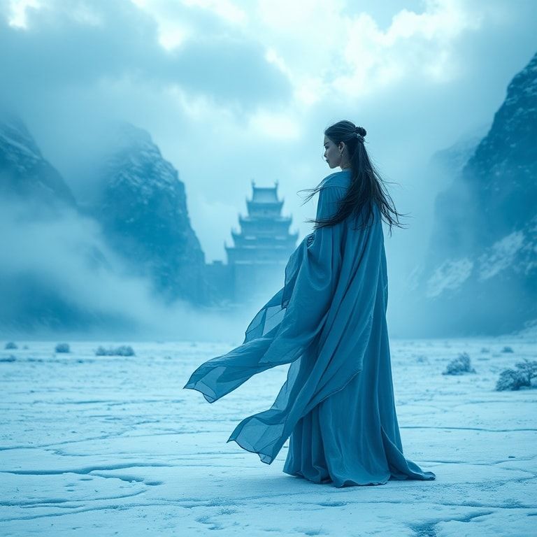 A cinematic fantasy scene inspired by ancient China: a graceful woman in an elegant, flowing Chinese fantasy robe stands alone in an icy valley. Frost and snow cover the ground, shimmering in cold blue light. In the distance, a majestic ancient Chinese castle rises through the mist, surrounded by towering snow-covered mountains. Winter wind moves her long hair and silk fabric, creating a sense of destiny and timeless power. The atmosphere is epic, mystical, and emotional, like a high-budget fantasy movie. Ultra-detailed, cinematic lighting, wide-angle shot, cold color palette, dramatic clouds, ethereal mood, 4K, film still, fantasy realism.