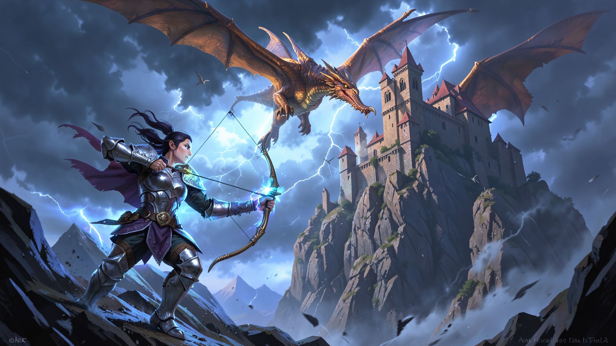 A lone elven archer, clad in silver armor, draws back a glowing bow as a majestic dragon soars above a crumbling medieval castle perched on a jagged cliff, storm clouds swirling violently in the tw...