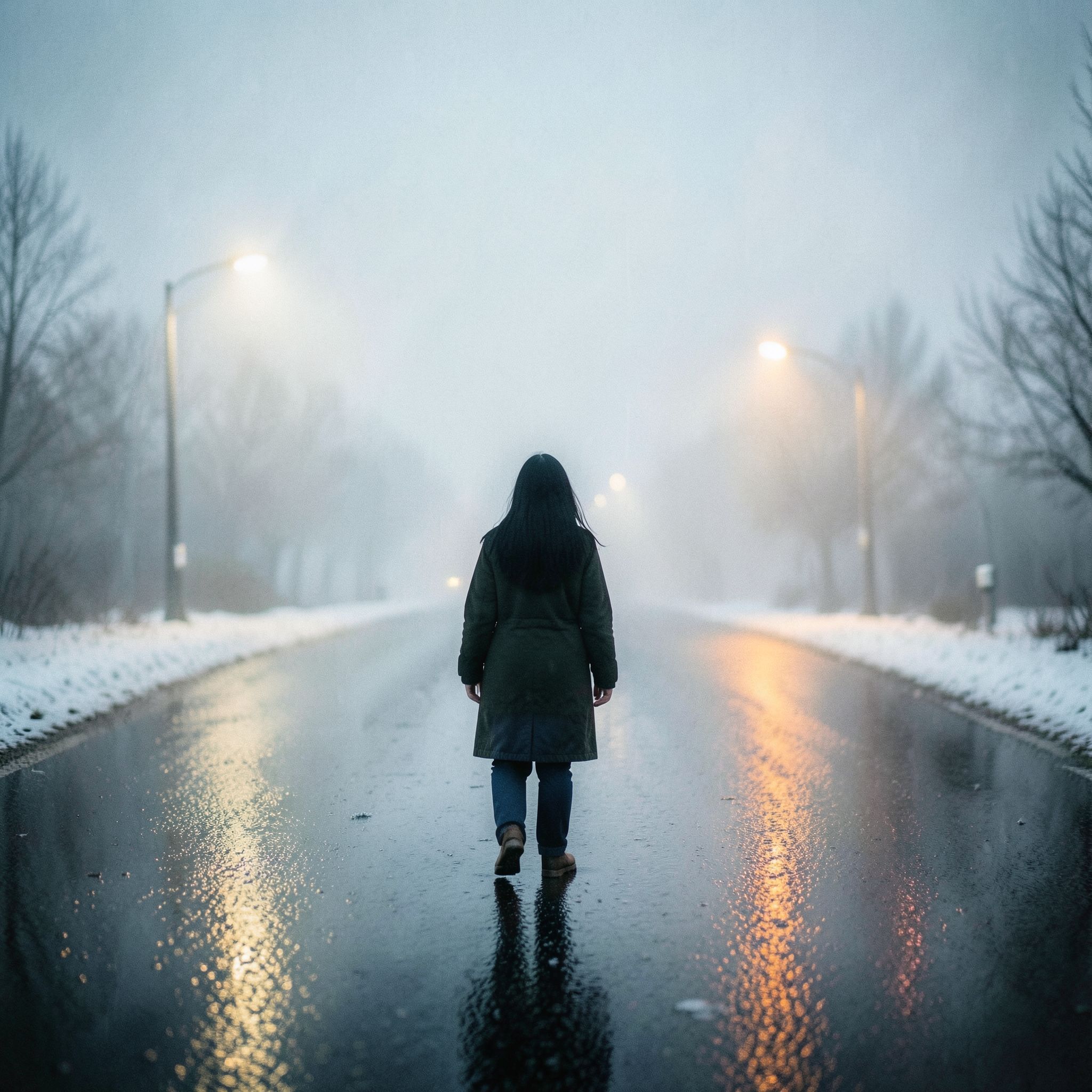 A girl with long black hair stands facing away, looking into the distance on a foggy road. The winter atmosphere feels cold and damp, like after a light rain. Thick February fog drifts across the empty road, reflecting soft, muted streetlight glow. The ground is slightly wet, adding subtle reflections. Pale blue and gray tones dominate the scene. The mood is quiet, melancholic, and cinematic, as if frozen in time. Cinematic composition, wide-angle shot, soft diffused lighting, shallow depth of field, realistic textures, gentle film grain, emotional winter atmosphere, like a scene from a slow, intimate film.