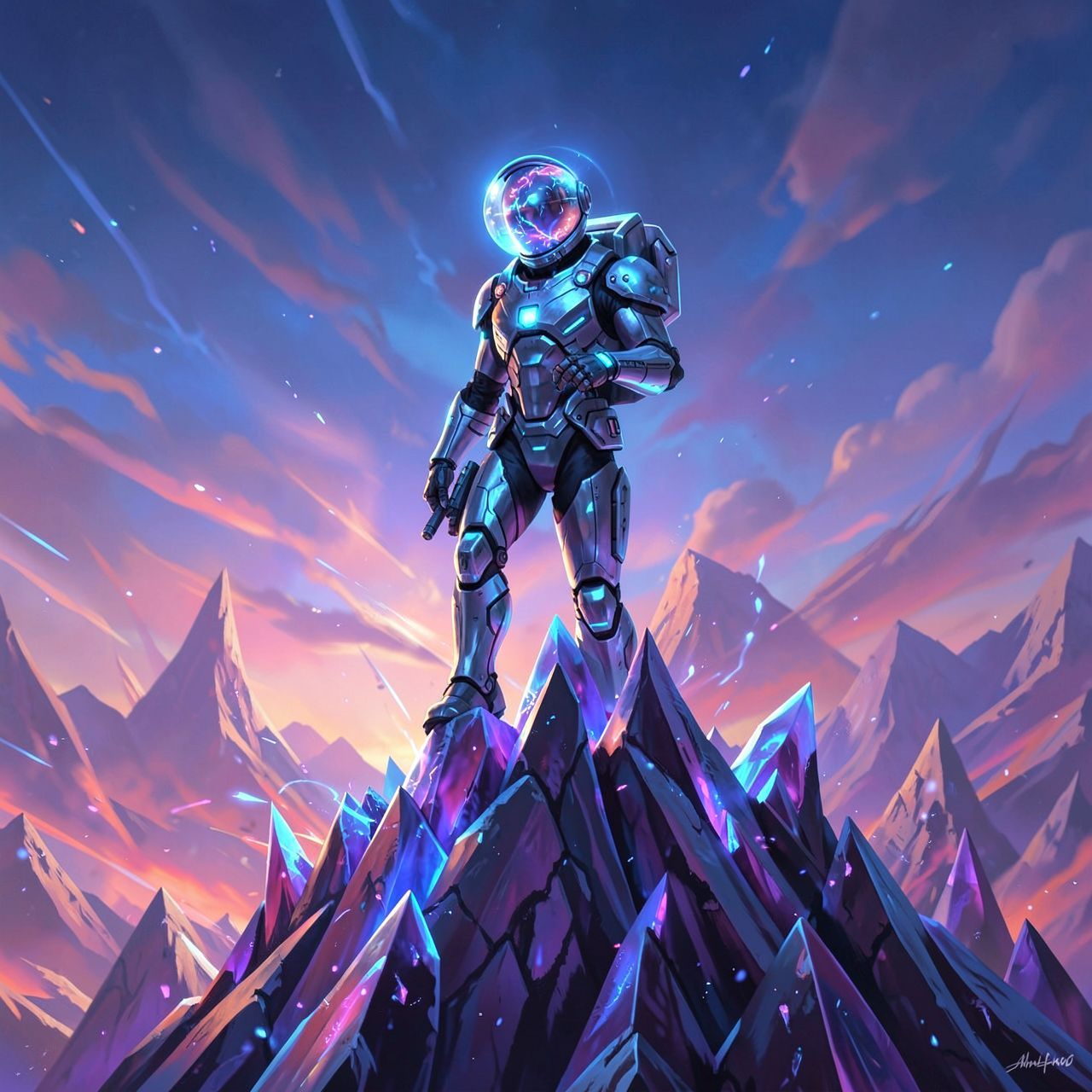 A lone astronaut in a sleek, futuristic exosuit stands atop a towering, razor-sharp crystalline ridge on a distant alien world, their helmet visor reflecting the haunting, ethereal glow of twin bio...