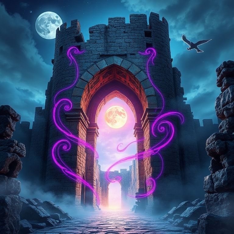 A towering, crumbling stone archway in a moonlit abandoned castle, glowing with swirling violet and gold runes, reveals a shimmering portal to another realm. Ethereal mist curls around ancient ruin...