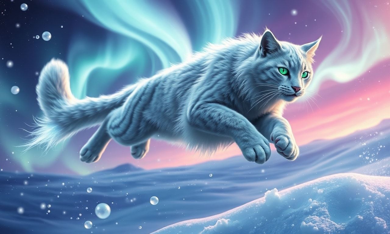 A majestic silver-furred feline with glowing emerald eyes leaps gracefully through a swirling aurora borealis, its tail trailing like a comet, surrounded by floating ice crystals and shimmering snow