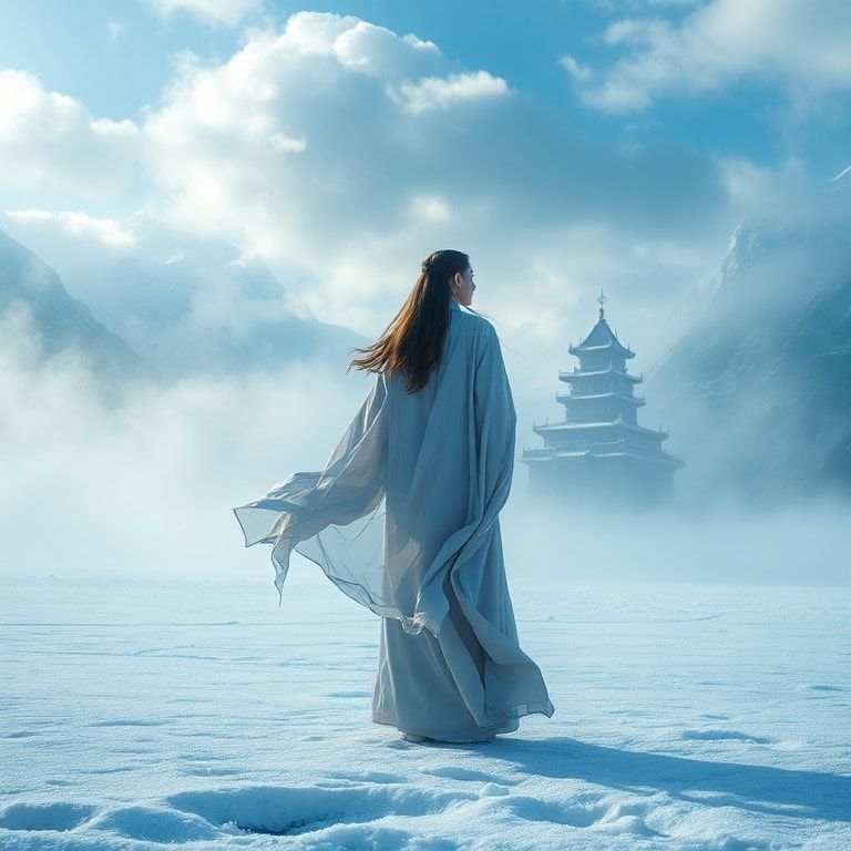 A cinematic fantasy scene inspired by ancient China: a graceful woman in an elegant, flowing Chinese fantasy robe stands alone in an icy valley. Frost and snow cover the ground, shimmering in cold blue light. In the distance, a majestic ancient Chinese castle rises through the mist, surrounded by towering snow-covered mountains. Winter wind moves her long hair and silk fabric, creating a sense of destiny and timeless power. The atmosphere is epic, mystical, and emotional, like a high-budget fantasy movie. Ultra-detailed, cinematic lighting, wide-angle shot, cold color palette, dramatic clouds, ethereal mood, 4K, film still, fantasy realism.