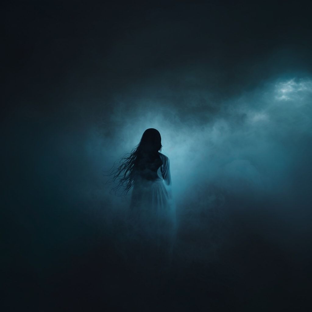 A lone girl with long black hair stands facing away, suspended in an endless void. Her silhouette is partially dissolved into a deep blue mist that surrounds everything. The space feels unreal, like a dream caught between sleep and waking. Soft, diffused cinematic lighting, subtle glow in the fog, slow-moving ambient atmosphere. No visible horizon, no ground — only emptiness and drifting mist. The mood is mystical, calm, and introspective, as if time has stopped. Dreamlike ambient fantasy, cinematic composition, minimalism, deep blue color palette, soft focus, gentle film grain, ethereal and surreal mood.