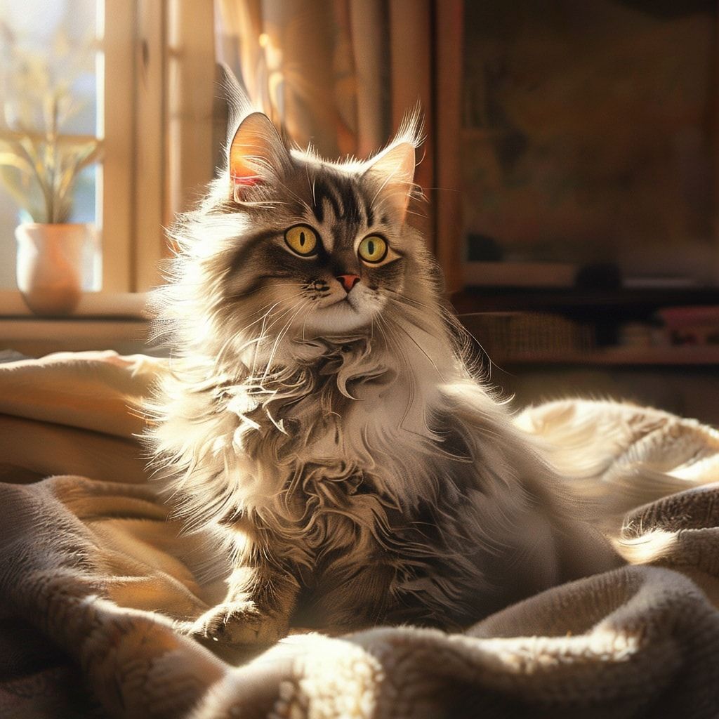 A fluffy, adorable cat with bright eyes, sitting on a soft blanket in a cozy living room with warm sunlight streaming through the window, photorealistic style, high quality, detailed fur texture, warm and inviting atmosphere