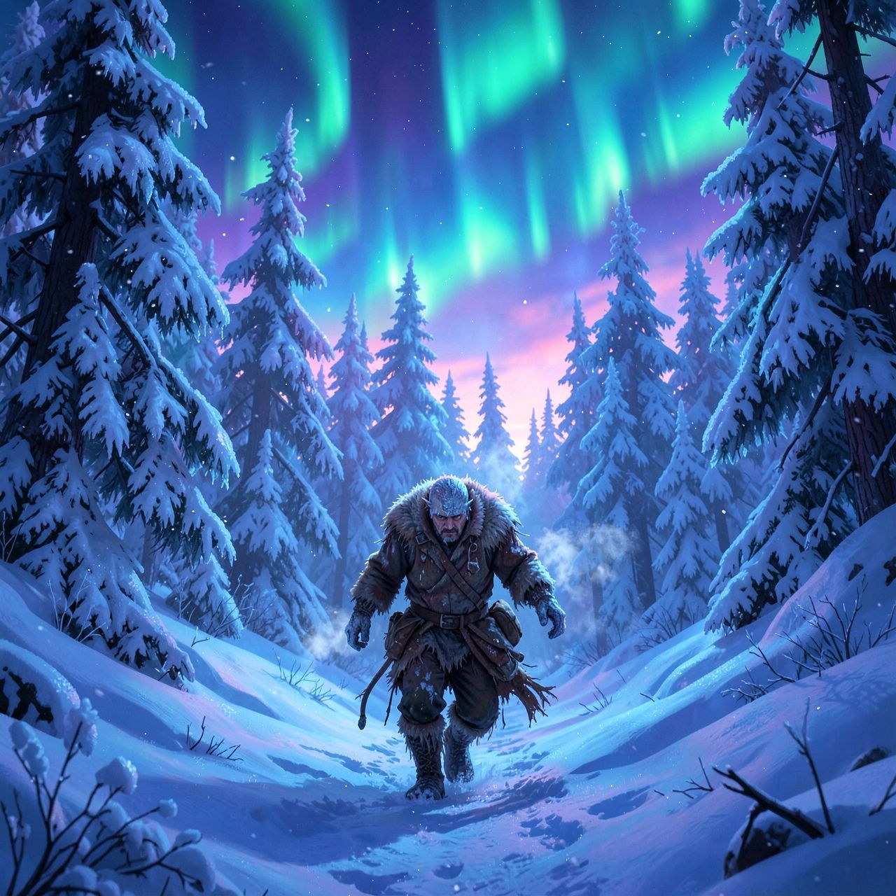 A lone frostbitten traveler in tattered furs trudges through a snow-laden forest at dusk, their breath visible in the crisp air, as ethereal auroras dance above towering ice-covered pines, casting ...