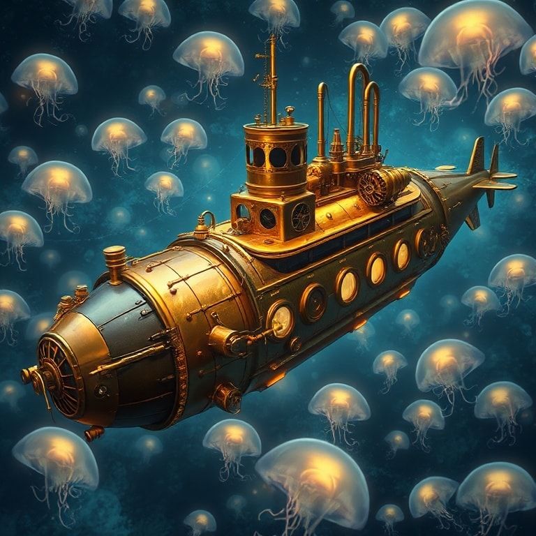 A majestic steampunk submarine glides through the deep ocean, its brass and copper hull gleaming under the soft glow of bioluminescent jellyfish. The intricate gears and pipes of the vessel are ill...