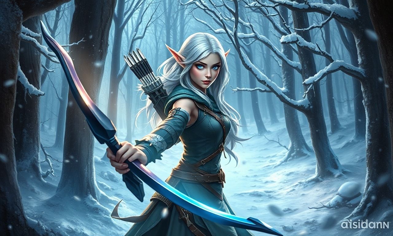 mystical young woman elf with silver hair and glowing blue eyes stands amidst an ancient, snow-laden forest, elven archer