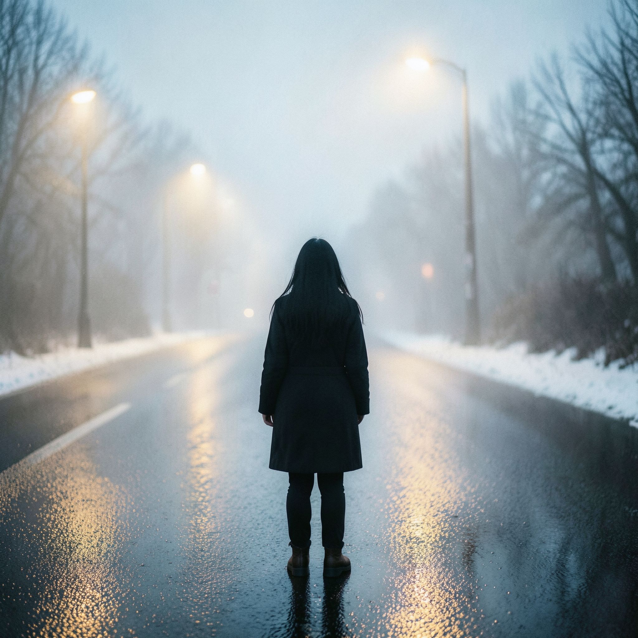 A girl with long black hair stands facing away, looking into the distance on a foggy road. The winter atmosphere feels cold and damp, like after a light rain. Thick February fog drifts across the empty road, reflecting soft, muted streetlight glow. The ground is slightly wet, adding subtle reflections. Pale blue and gray tones dominate the scene. The mood is quiet, melancholic, and cinematic, as if frozen in time. Cinematic composition, wide-angle shot, soft diffused lighting, shallow depth of field, realistic textures, gentle film grain, emotional winter atmosphere, like a scene from a slow, intimate film.