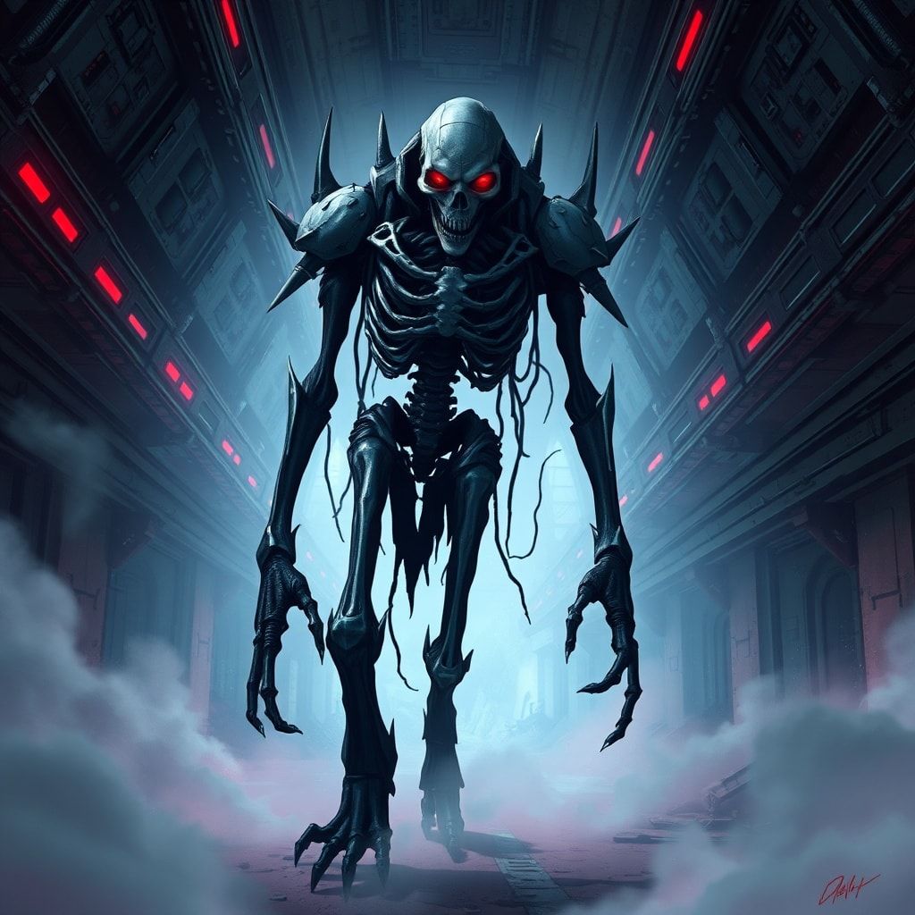 A towering, otherworldly figure with elongated limbs and a skeletal face, Dalik strides through the eerie, fog-shrouded corridors of a derelict spaceship, his glowing red eyes scanning the shadows....