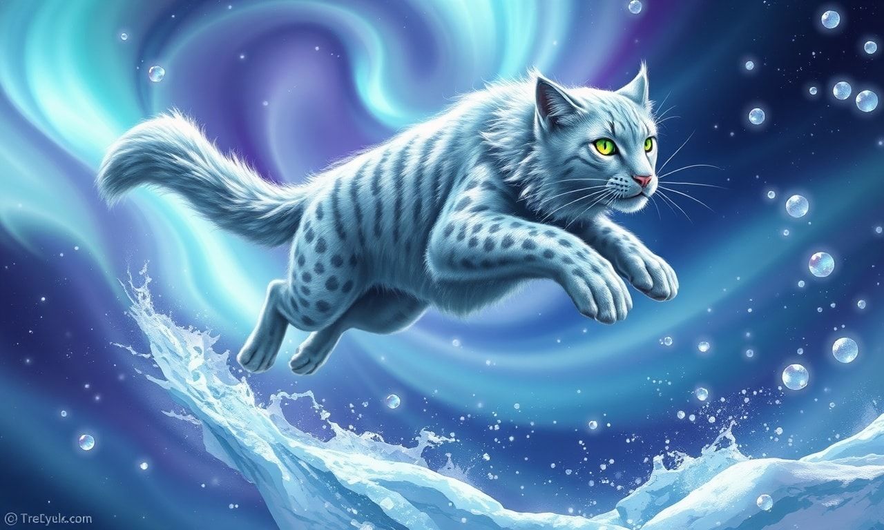A majestic silver-furred feline with glowing emerald eyes leaps gracefully through a swirling aurora borealis, its tail trailing like a comet, surrounded by floating ice crystals and shimmering snow