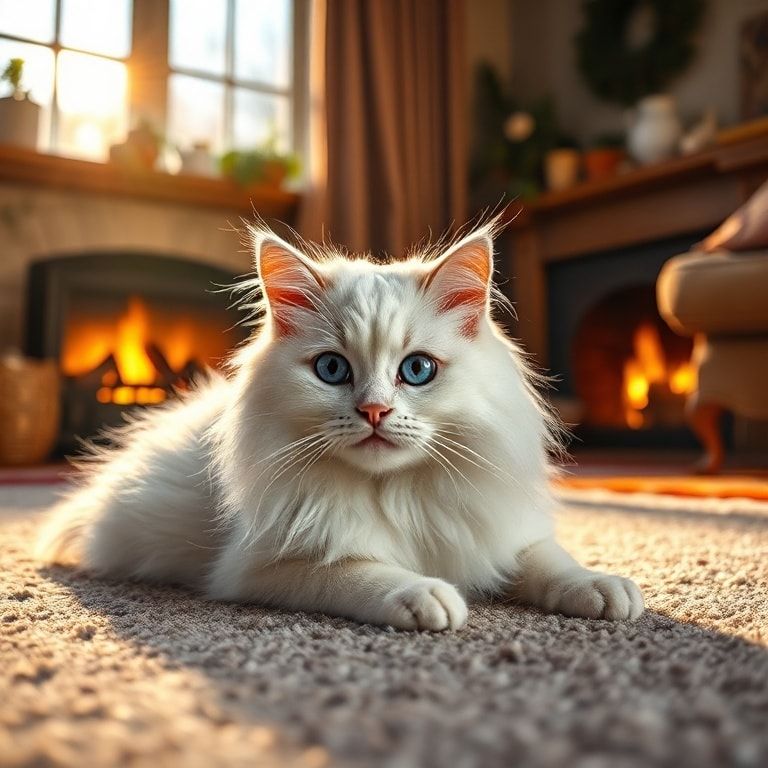 A cute, fluffy long-haired white cat with bright blue eyes, lying on a soft gray carpet in a cozy living room with a warm fireplace in the background. Bathed in warm golden hour sunlight streaming through a nearby window. Highly detailed photorealistic style, serene and cozy atmosphere, 1024x1024 pixels