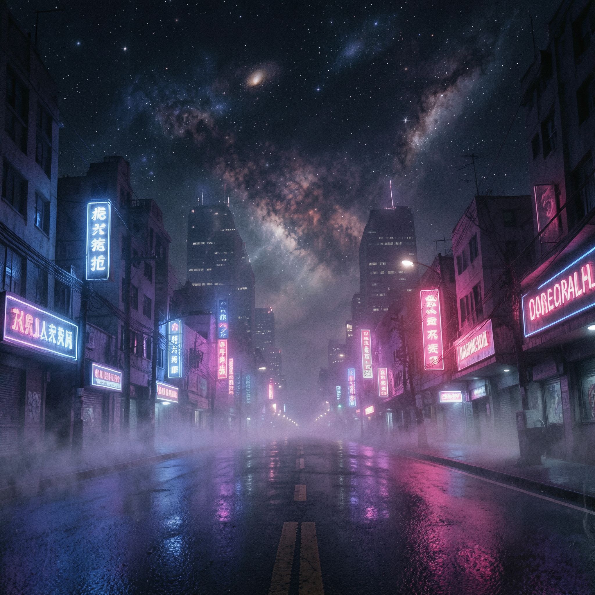 A dark synthwave cinematic scene: an empty night road cutting through a futuristic noir city, glowing with deep neon lights in purple, blue, and crimson. Thick fog drifts across the street, reflecting neon signs and distant skyscrapers. Above the city, the night sky opens into a surreal cosmic view — stars, nebula clouds, and faint galaxies blending into the urban skyline. The atmosphere is mysterious, epic, and cinematic, mixing cyberpunk noir with cosmic fantasy. High contrast lighting, dramatic perspective, wide-angle shot, neon reflections on wet asphalt, volumetric fog, deep shadows, subtle film grain, retro-futuristic color palette, epic dark mood, like a scene from a sci-fi movie.