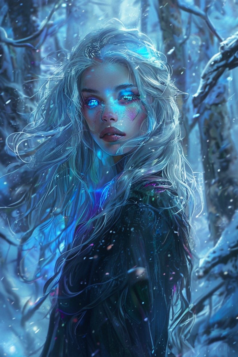 mystical young woman with silver hair and glowing blue eyes stands amidst an ancient, snow-laden forest
