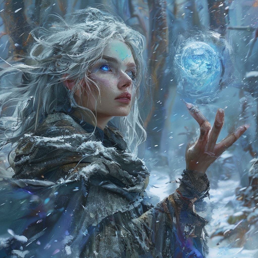 A mystical young woman with silver hair and glowing blue eyes stands amidst an ancient, snow-laden forest, her tattered cloak billowing in the icy wind as she gazes at a floating orb of ethereal li...