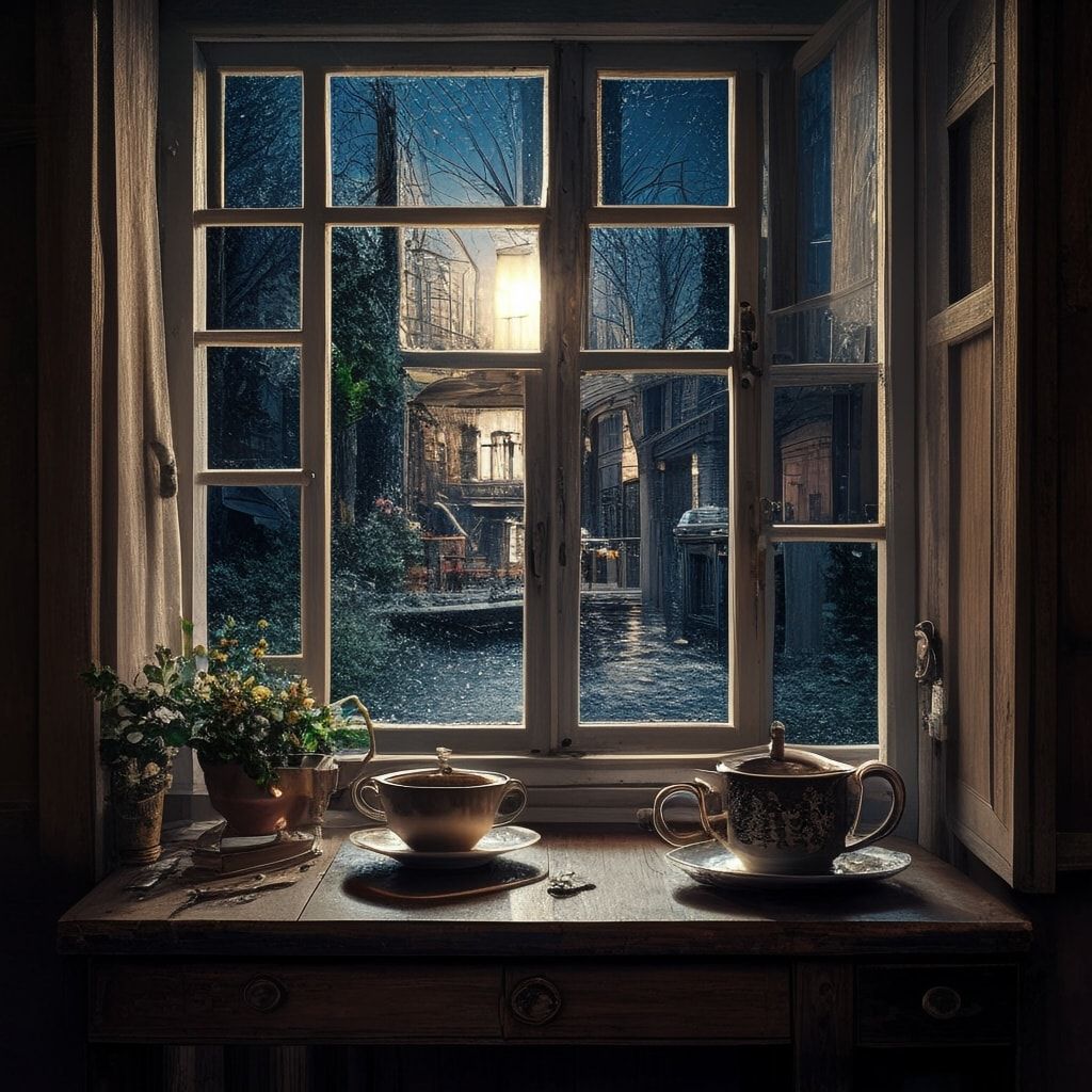 Обложка для музыкального сингла, кинематографичный кадр. Полночь, прихожая в мягком приглушенном свете. На переднем плане крупно на деревянном столе лежат ключи и стоят две чашки недопитого остывшего чая. На заднем плане — окно, залитое каплями дождя, за которым видна холодная ночная улица. В дверях застыли два меланхоличных силуэта. Атмосфера момента, когда нужно принять решение. Теплый свет внутри против синей тьмы снаружи. Высокая детализация, эстетика меланхолии