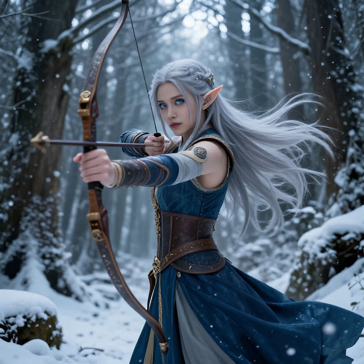 mystical young woman elf with silver hair and glowing blue eyes stands amidst an ancient, snow-laden forest, elven archer