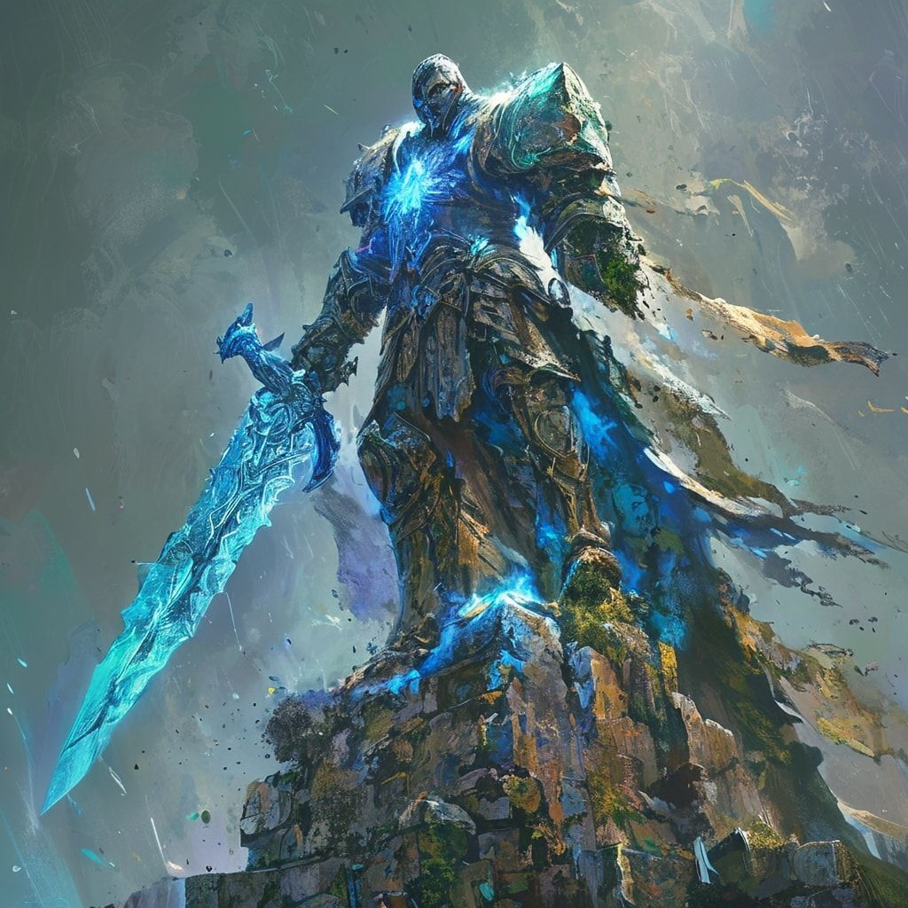 A towering fantasy warrior clad in ornate, weathered armor stands victorious atop a moss-covered stone ruin, his glowing rune-engraved greatsword embedded in the ground, emanating ethereal blue mis...