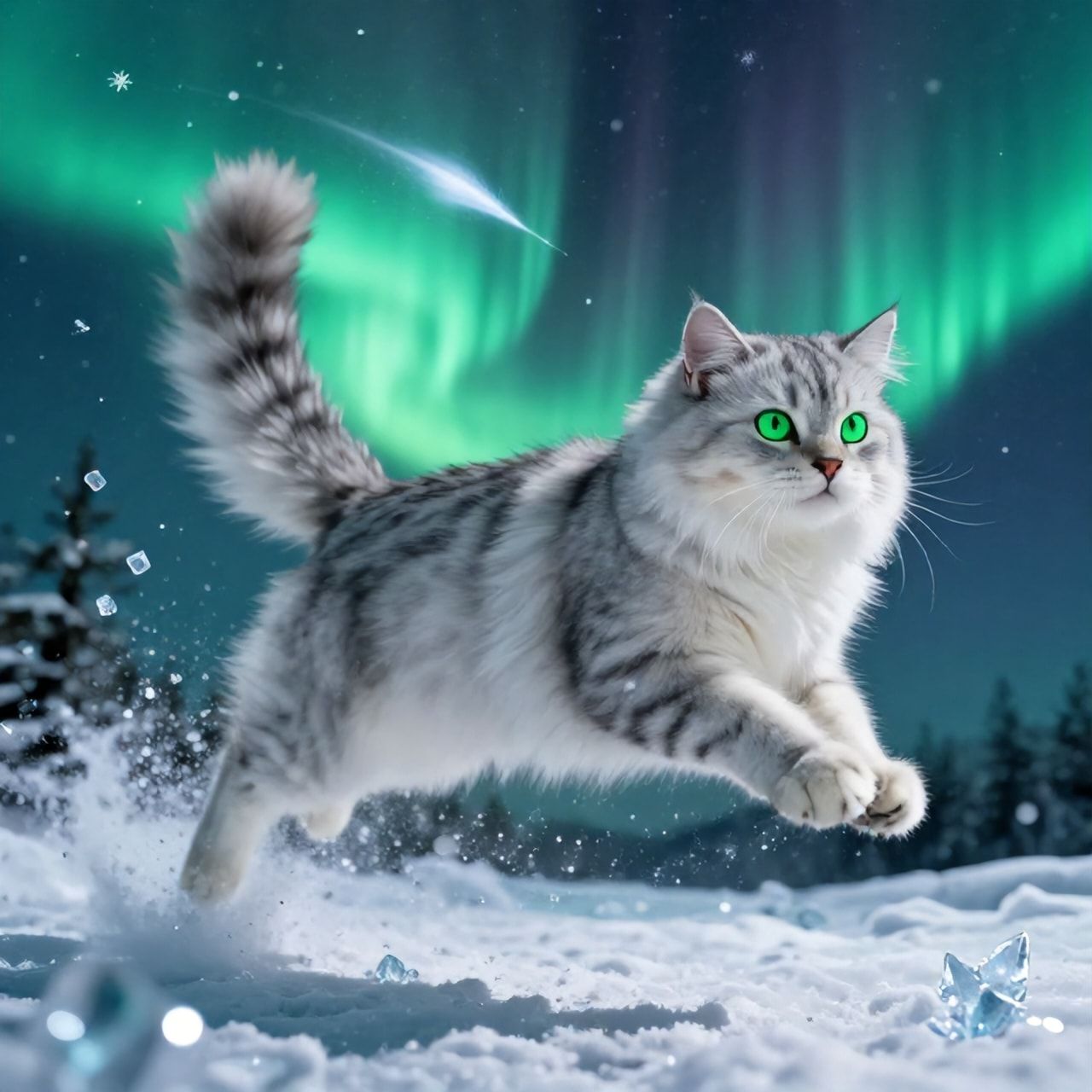 A majestic silver-furred feline with glowing emerald eyes leaps gracefully through a swirling aurora borealis, its tail trailing like a comet, surrounded by floating ice crystals and shimmering snow