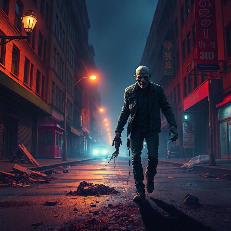 A desolate urban street bathed in the eerie glow of flickering streetlights, where a lone zombie stumbles through scattered debris, its tattered clothes swaying in the cold wind. The scene is rende...