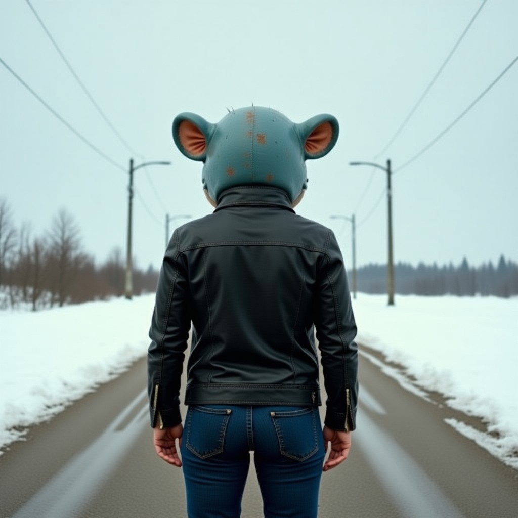 A solitary figure in a worn leather jacket stands motionless on a desolate winter road, her back turned to the viewer, shoulders slightly hunched against the biting cold. The path stretches endless...