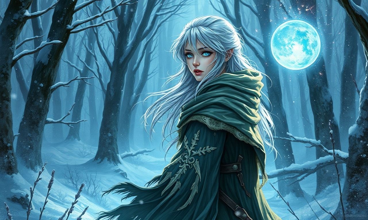 A mystical young woman with silver hair and glowing blue eyes stands amidst an ancient, snow-laden forest, her tattered cloak billowing in the icy wind as she gazes at a floating orb of ethereal li...
