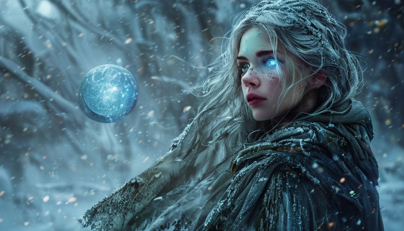 A mystical young woman with silver hair and glowing blue eyes stands amidst an ancient, snow-laden forest, her tattered cloak billowing in the icy wind as she gazes at a floating orb of ethereal li...
