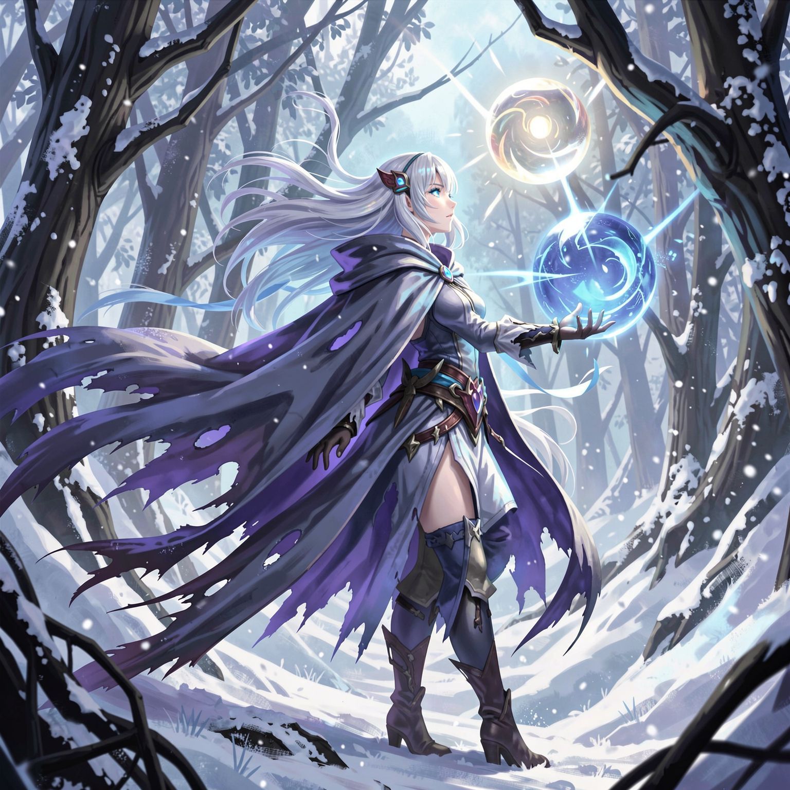 A mystical young woman with silver hair and glowing blue eyes stands amidst an ancient, snow-laden forest, her tattered cloak billowing in the icy wind as she gazes at a floating orb of ethereal li...