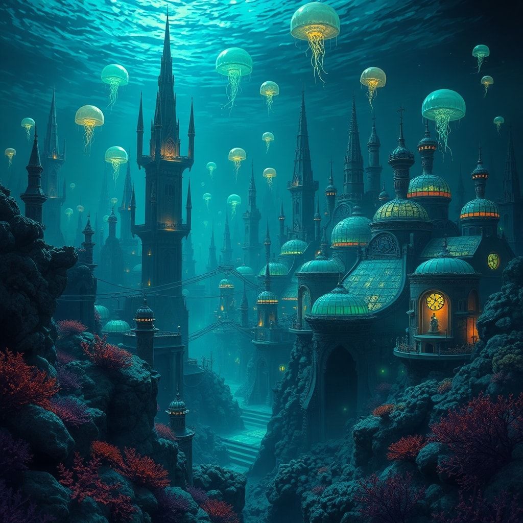 A sprawling underwater city of coral and glass domes, bathed in eerie bioluminescent light from glowing jellyfish and deep-sea creatures, with towering spires casting long shadows in the murky blue...