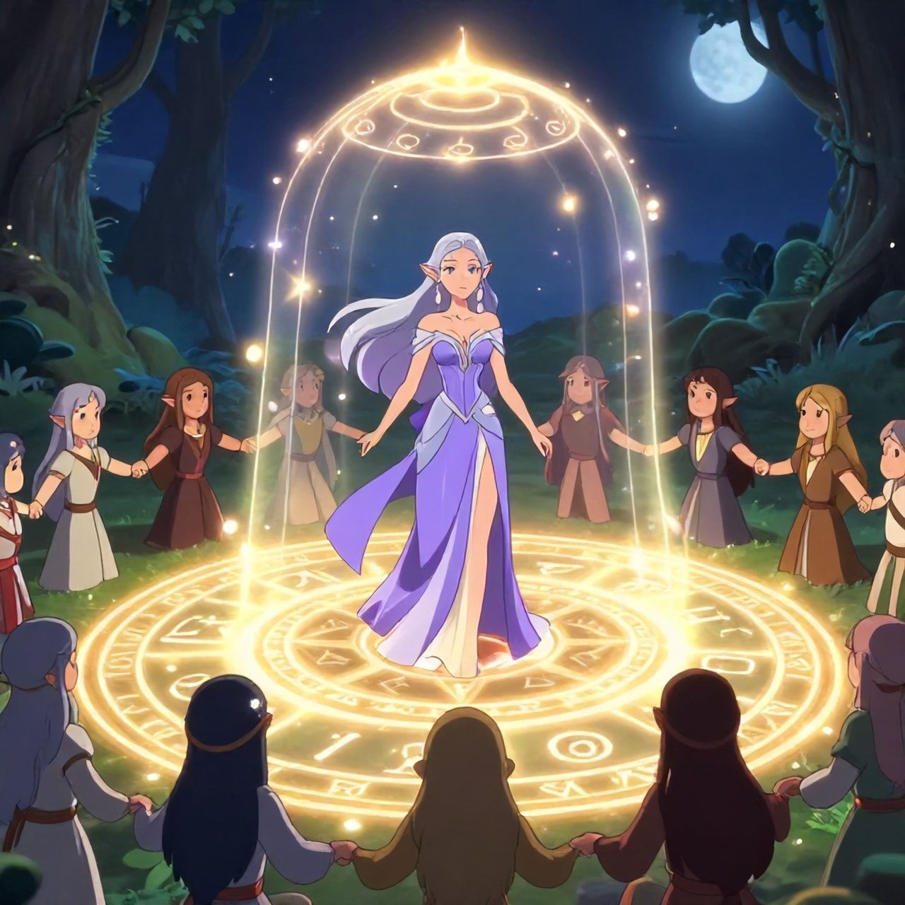 Elven magic circle ritual fantasy scene, beautiful elven maiden with long flowing silver hair standing inside a glowing magical circle, elegant elven woman in a flowing violet and silver dress with a serene expression, ancient runes and symbols forming a luminous circle on the ground, protective ward rising like a dome of light, other elven figures joining hands at the circle edge, sacred grove at night, soft moonlight and mystical particles, cinematic composition, cartoon style, anime art style, fantasy art style, mystical and protective mood, detailed and atmospheric, ethereal beauty, animated style, vibrant colors, cartoon style