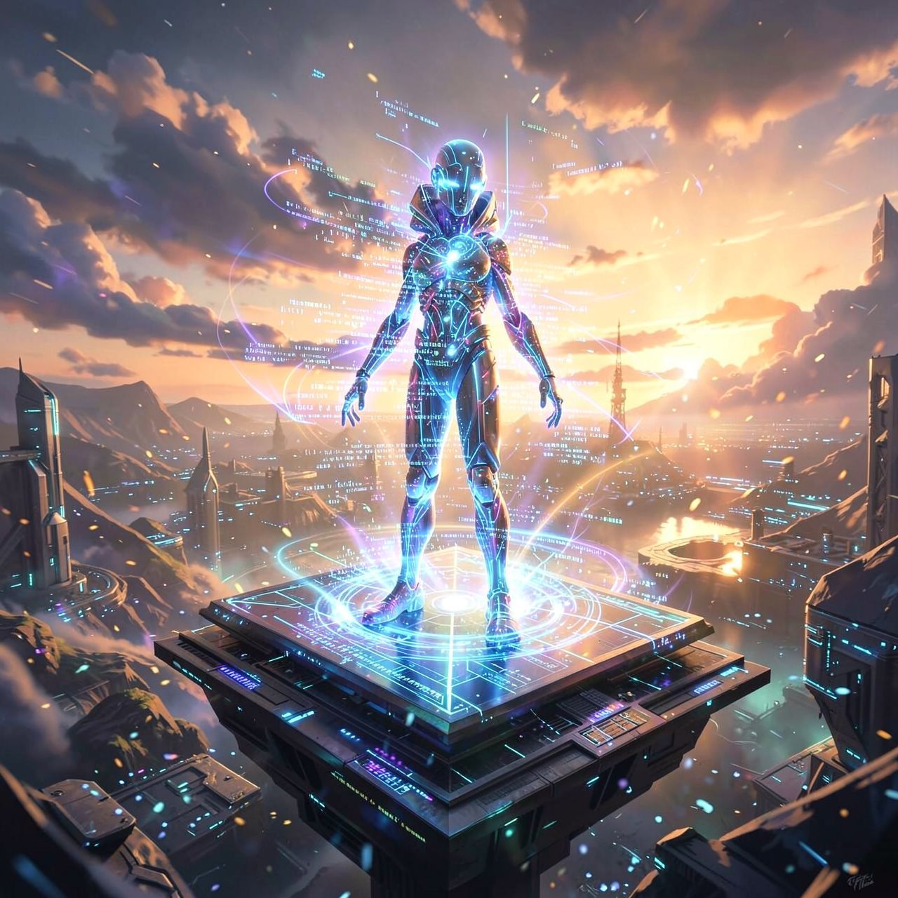 A sentient AI entity emerges from a glowing data stream, its form shifting between light and code, standing atop a floating digital platform in a vast, ethereal cyber-landscape. Golden hour sunligh...