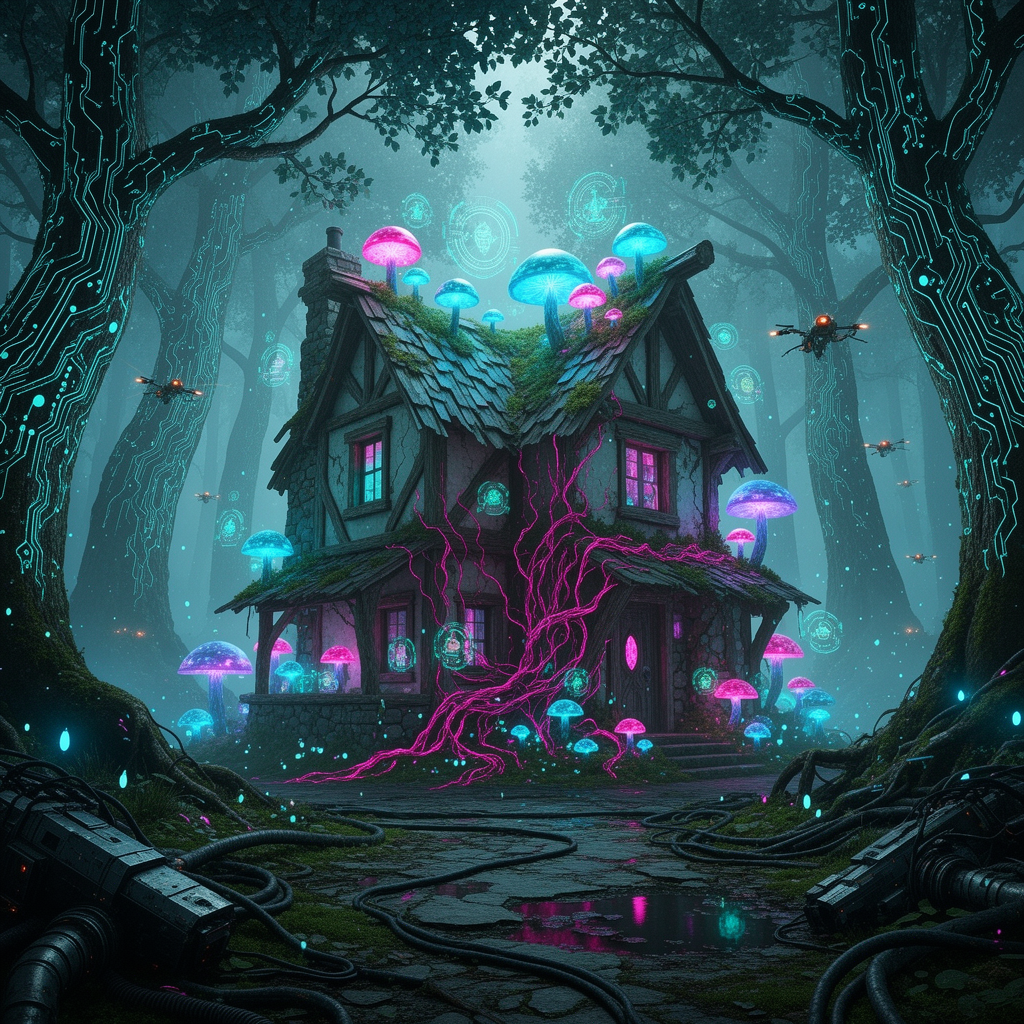A dilapidated fairy tale cottage with glowing neon vines and flickering holographic mushrooms, nestled in a cyberpunk forest of towering bioluminescent trees, bathed in eerie blue-green neon light ...