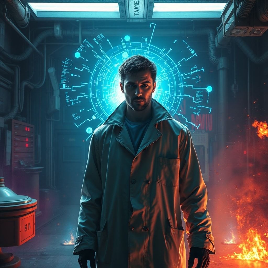 A lone scientist in a tattered lab coat stands before a flickering holographic portal, his face illuminated by eerie blue light, surrounded by floating data streams in a decaying, futuristic labora...
