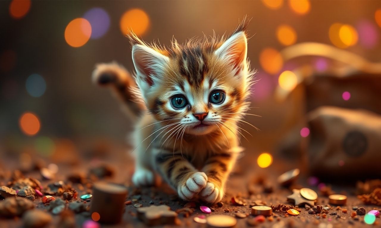 Tiny kitty, fantasy style, filmic score like