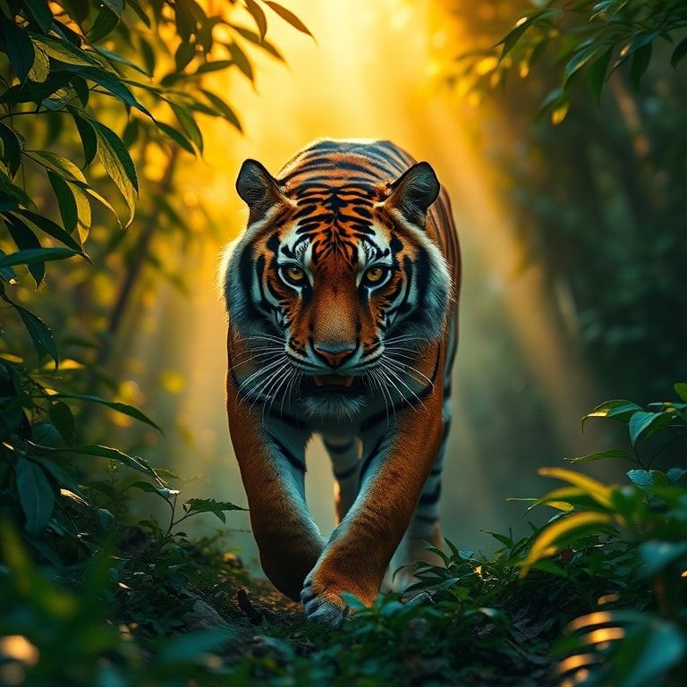A majestic Bengal tiger prowls through a dense, misty jungle at dawn, golden sunlight filtering through emerald foliage, casting dappled shadows. Its amber eyes gleam with intensity as it moves wit...