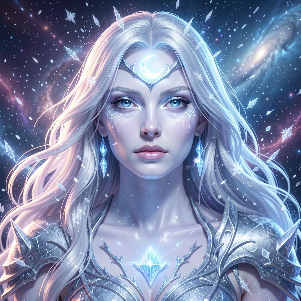 ethereal frozen oracle girl, pale icy skin, white-silver hair, luminous moon sigil, frost particles, cosmic silence, cinematic ultra-detailed
